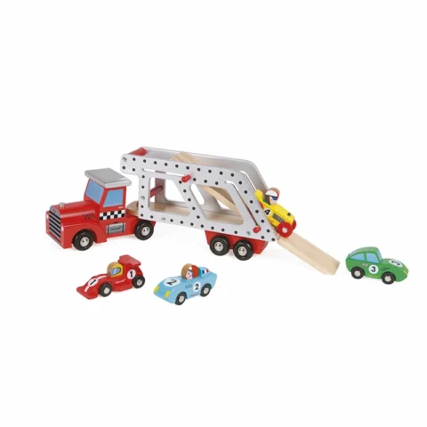 Janod-camion-portacoches-con-4-coches-jugando