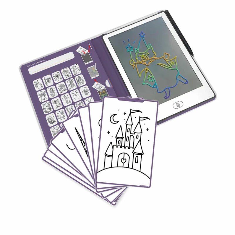 Kidydraw-mini-Érase-una-vez-tableta-de-dibujo-para-niños-abierta-y-con-láminas-para-calcar