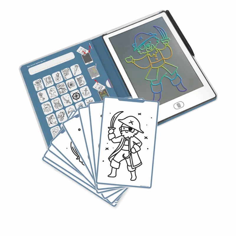 Kidydraw-mini-Piratas-tableta-de-dibujo-para-niños-abierta-y-con-láminas-para-calcar