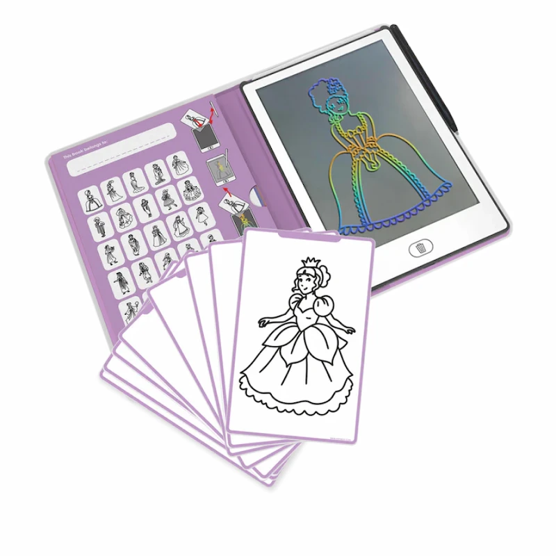 Kidydraw-mini-princesas-tableta-de-dibujo-para-niños-abierta-y-con-láminas-para-calcar